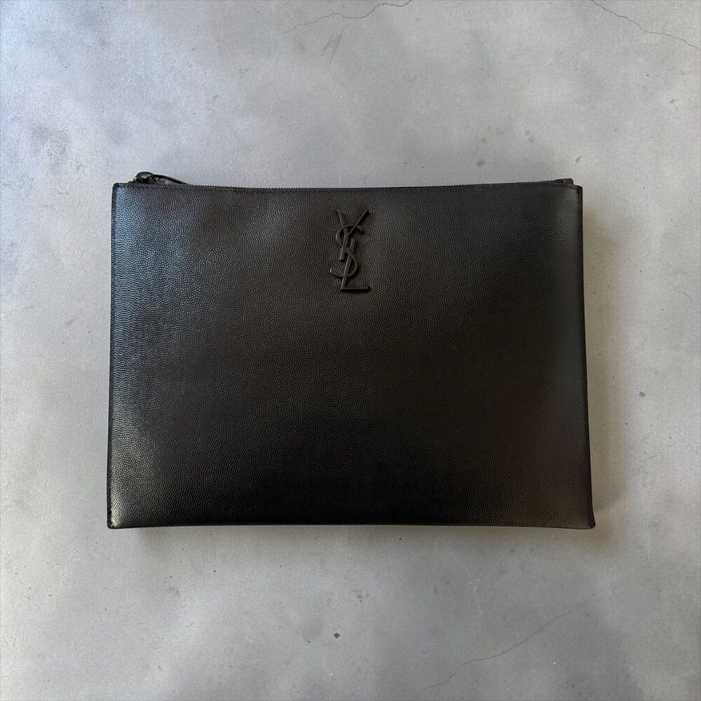 Saint Laurent YSL Monochrome Grain de Poudre Leather Zip Pouch | Black